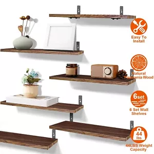 6 Packs Floating Shelves Wall Mounted Wood Storage Shelf Rustic Brown DIY Decor - Picture 1 of 14