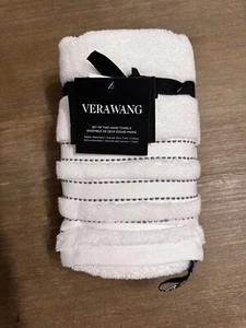 Vera Wang Set of 2 White Hand Towels Grey Embroidered Stripes 16" x 30" - Picture 1 of 10
