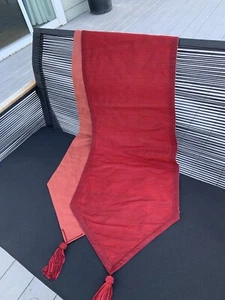 Vtg Ruby Red Textured Long Silk Table Runner Asian Tassled 14”x94” - Picture 1 of 13