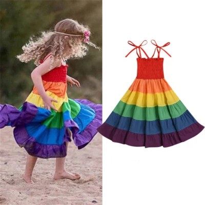 Girls Dress Rainbow Birthday Party Dance Costume Princess Dress Kids Clothes - Image 1 of 4