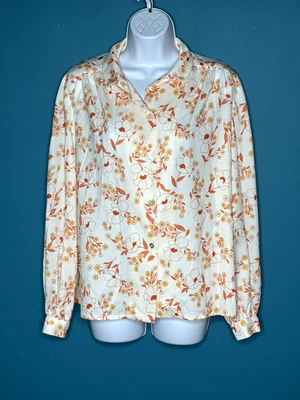 Vtg 70s MOD Stretch Poly Blouse Flower Power Yellow Orange Flowers Sx XL - Image 1 of 4