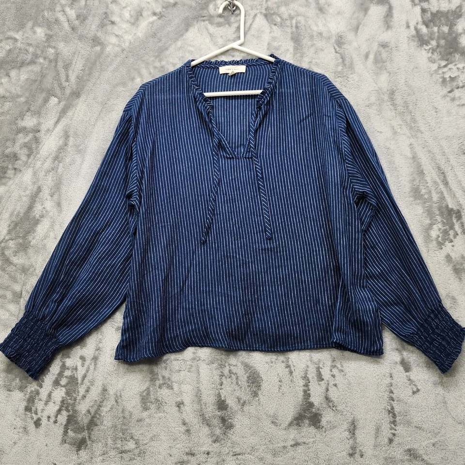 Cleo + Wolf Top Womens M Blue White Striped Long Sleeve Peasant Tie Neck Popover - Image 1 of 4