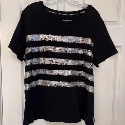 Camiseta Karl Lagerfeld elegante férias preta prata lantejoulas algodão GG - Imagem 1 de 4