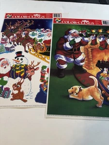 VTG (2) COLOR CLINGS Vinyl - Snowman Santa Reindeer Sled Fireplace Window Cling - Picture 1 of 5