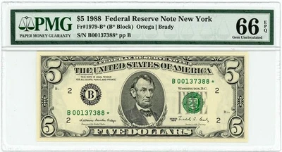 FR.1979-B* $5 1988 Federal Reserve Note New York Gem Unc 66 EPQ PMG 950222-177 - Image 1 of 3