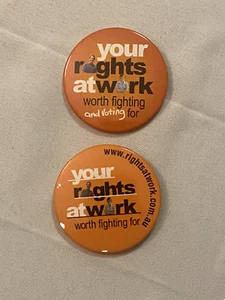 Your Rights At Work Union Political Tin Badges - Two Versions - Foto 1 di 6