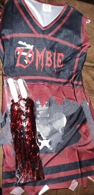 Girls Zombie Cheerleader Costume + Pom Poms Kids Scary Halloween Glow In Dark - Image 1 of 4