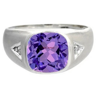 Natural Amethyst Gemstone with 14K White Gold Plated Silver Ring for Men's #182 - Image 1 of 4