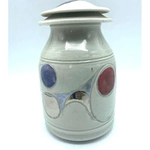 Blue, silver & Red Ceramic Lidded Jar pottery, Modern Abstract design function - Picture 1 of 7
