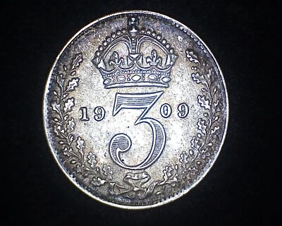 1909 GREAT BRITAIN 3 PENCE KM#797.2 -92.5% SILVER #18469 - Image 1 of 2