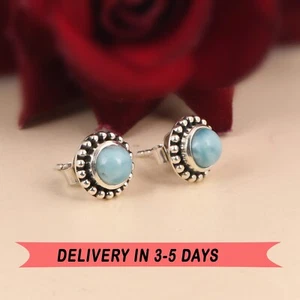 925 Sterling Silver Round Stud Earrings With Natural Larimar Gemstone Jewelry - Picture 1 of 13