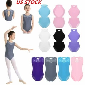 US Kids Girls Splice Ballet Dance Unitard Keyhole Cutout Back Gymnastics Leotard - Picture 1 of 52