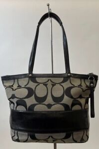 COACH D0868-12429 Signature Gray Black STRIPE leather canvas tote handbag purse
