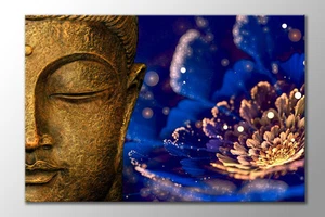 LARGE GOLD CALM BUDDHA BLUE LOTUS FLOWER ZEN CANVAS WALL ART PRINT PICTURE NEW - Picture 1 of 1