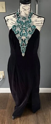 Vtg Prom Zum Zum Black Velvet Emerald Green Sequin Dress Size 13/14 Halter Top - Image 1 of 4