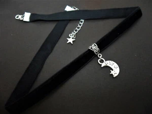 A LADIES TIBETAN SILVER MOON STAR THEMED BLACK VELVET 10MM CHOKER NECKLACE. NEW - Picture 1 of 2