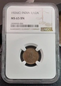 1926 (C)  INDIA (British) 1/12 ANNA. NGC MS 65 RN - Picture 1 of 4