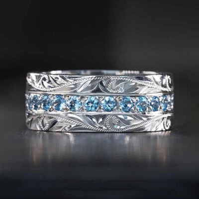 Silberner Ring mit blauen Zirkonia Steinen - Gr. 55-60 Damen versilbert Muster - Bild 1 von 2