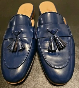 J. CREW KILTIE FLATS MULES SHOES WOMEN 7 1/2 M NAVY BLUE LEATHER TASSEL ITALY - Picture 1 of 11