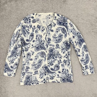 Suéter Garnet Hill Mujer Pequeño Lana Merino Azul Blanco Floral Botón Cárdigan Foto 1 de 4