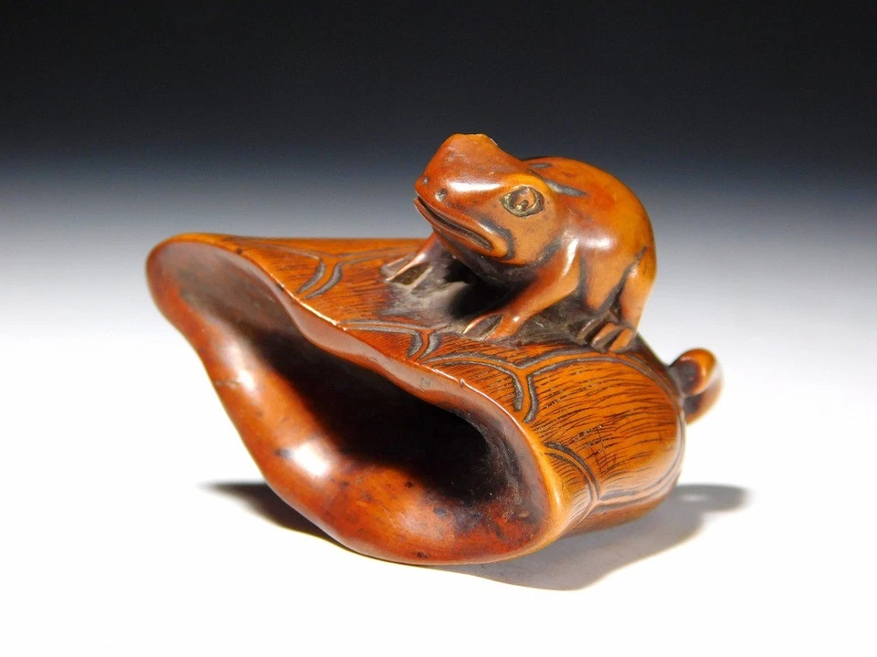 Frosch auf dem Lotus 根付 Netsuke Edo original netsuke inro antik - Bild 1 von 4