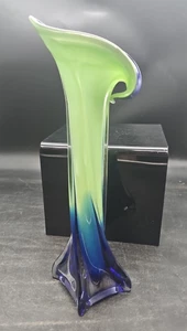 Murano Stil gelbe Calla Lilie Jack in der Kanzel Vase grün Kunstglas Vase - Bild 1 von 6