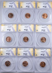 Certified 1954-1958-D Lincoln Cents ANACS All are MS 64/65 besides 1 MS62 x9 1c  - Picture 1 of 9