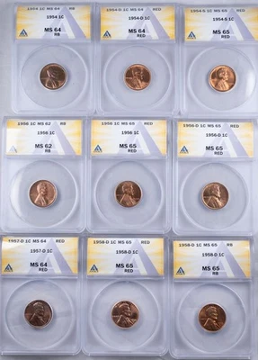 Certified 1954-1958-D Lincoln Cents ANACS All are MS 64/65 besides 1 MS62 x9 1c  - Image 1 of 4