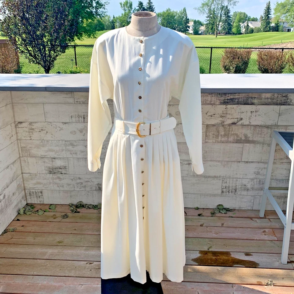 Vintage 80s Button Front Midi Dress 16 Cream Elastic Waist Belt Pleats Pockets - Image 1 of 4