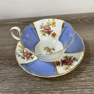 Radfords Fenton Stroke on Trent, taza de té y platillo panel azul y blanco rosa floral - Imagen 1 de 13