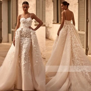 Elegant Mermaid Wedding Dresses Spaghetti Strap Detachable Train Bridal Gowns - Picture 1 of 8