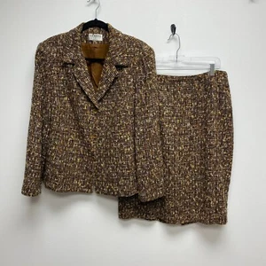 Gianni Womens Brown Combo 2Pc Set Wool Single Breasted Blazer Pencil Skirt 14 - Picture 1 of 14