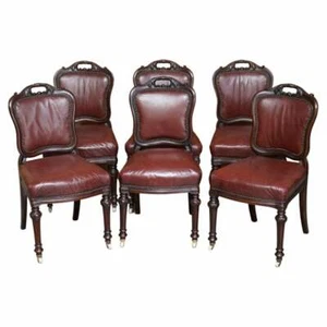 EXQUISITE QUALITY VICTORIAN 1860 MAHOGANY & LEATHER DINING CHAIRS AFTER GILLOWS - Picture 1 of 12