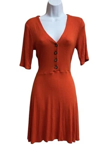 Copper Key Womens Fit And Flare Dress Red Orange Size M Short Sleeve Button NWT - Picture 1 of 5