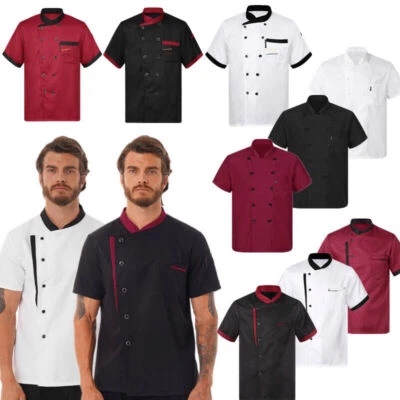 Men's Chef Coat Short Sleeve Button Down Jackets Restaurant Kitchen Uniform Tops - Image 1 of 4