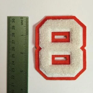 Vintage Chenille Letterman Jacket Felt Patch 8 Number 8 White Orange - Picture 1 of 1