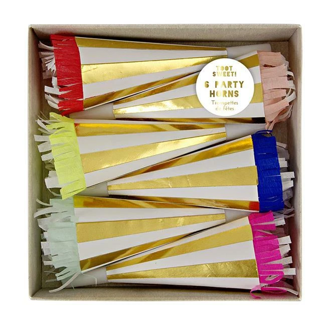 TOOT SWEET! Gold & White Striped Party Horns with Crepe Frills (6 Pack) - Image 1 of 1