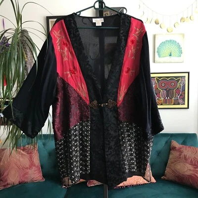 ROAMAN'S size 20W Burnout Velvet Asian Inspired Embroidered Kimono Cardigan - Image 1 of 4