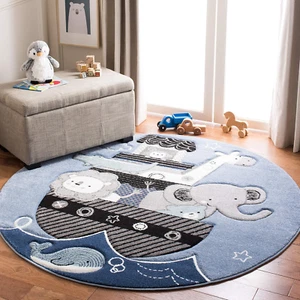 Carousel Kids Collection 3' round Blue/Grey CRK121B Animal Non-Shedding Nursery - Picture 1 of 1