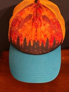 Buff Flame Forest Blue and Orange Cap Running Trucker Hat Adjustable OSFA - Picture 1 of 8