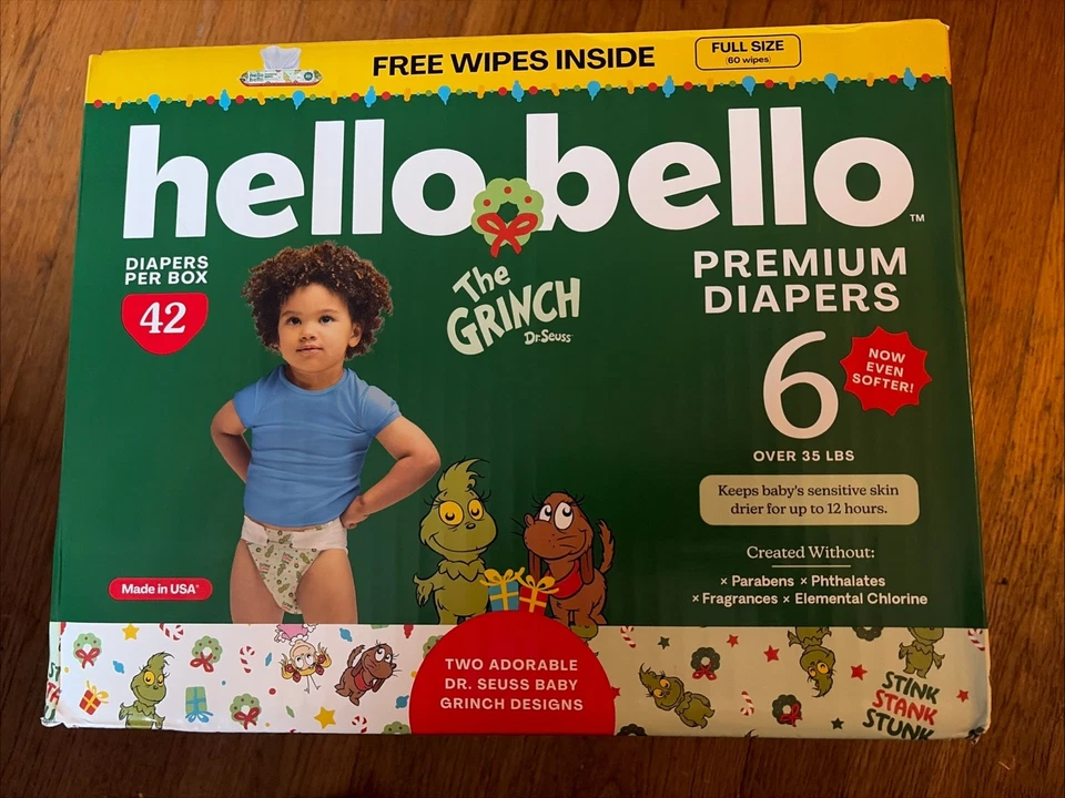 Hello Bello Grinch Themed Size 6 Disposable Diapers-42 Count New In Sealed Box - Image 1 of 1