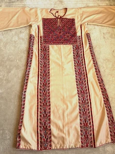 Beige Vintage Palestinian Traditional Thobe- Hand-Embroidered Tatreez Dress - Picture 1 of 22
