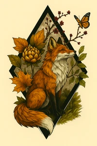 Whimsical 3D Fox Portrait with Autumn Leaves and Butterfly – Enchanting Woodland - Picture 1 of 11
