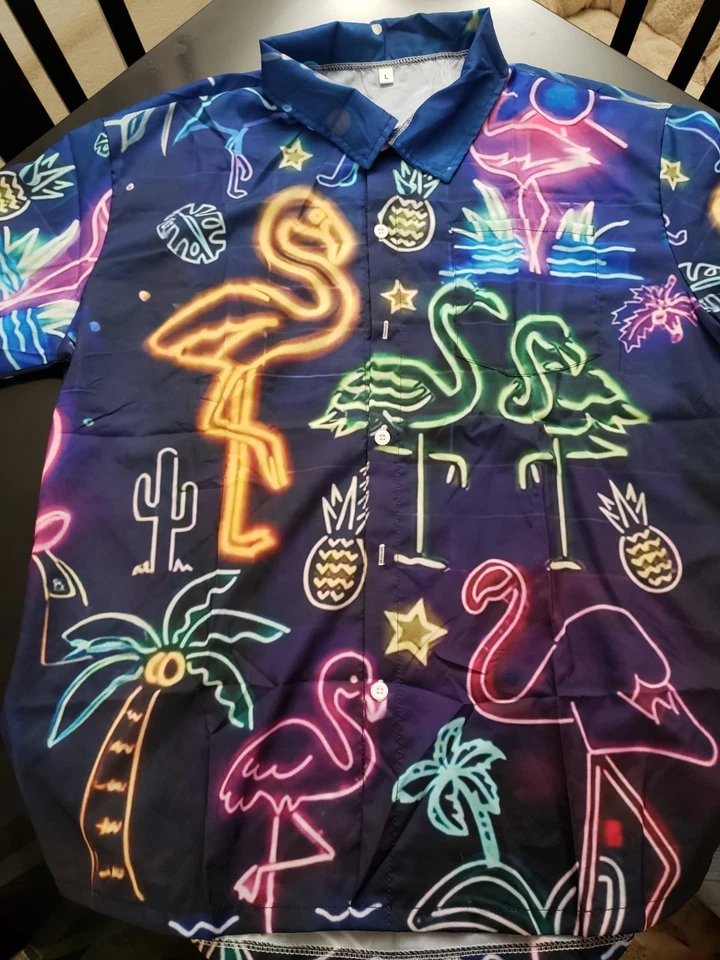 Men's Hawaiian Shirt Neon Flamingos Button-Up Size L Martini Lounge Bowling - Image 1 of 4