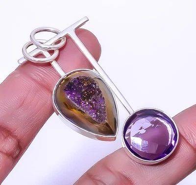 Titanium Purple Agate Drusy & Amethyst 925 Sterling Silver Pendant 2.15" A375 - Image 1 of 4