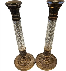 ANTIGUO PAR (2) CANDELABROS IMPERIO FRANCÉS Cristal Bronce Dorado 1880-1920 - Imagen 1 de 15