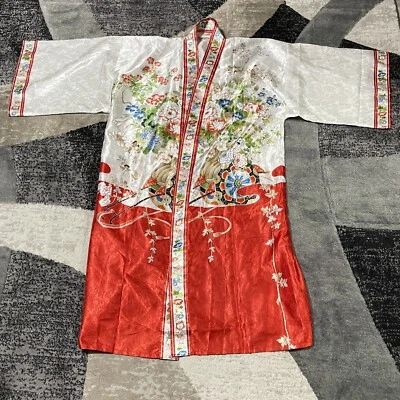 VTG Japanese Kimono Robe Women XL Yukata White Floral Print Shogun Geisha Japan Foto 1 de 4