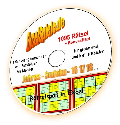 3x Jahres-Excel-SUDOKU 16, 17, 18 Excel-Tool, 1095 Rätsel - Bild 1 von 4