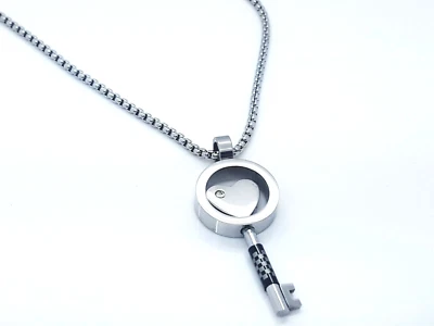 Donna Argento Acciaio Inox Lucchetti Cuore Chiave Collana - Immagine 1 di 4