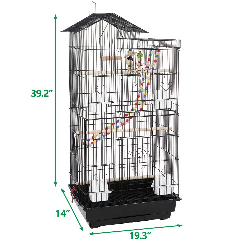 39-Inch Roof Top Large Flight Bird Cage w/Toys Quaker Parrot Cockatiel Black